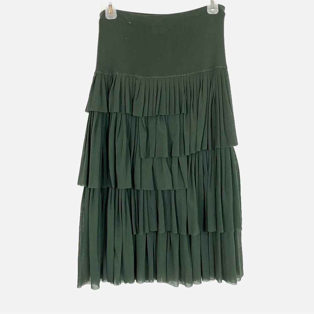 Jean Paul Gaultier Fuzzi Green Mesh Ruffle Tiered Pull On Midi Skirt - SMALL